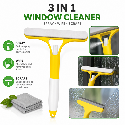 3 in 1 Window Glass Cleaner Spray Wiper – Microfiber Scrubber & Squeegee