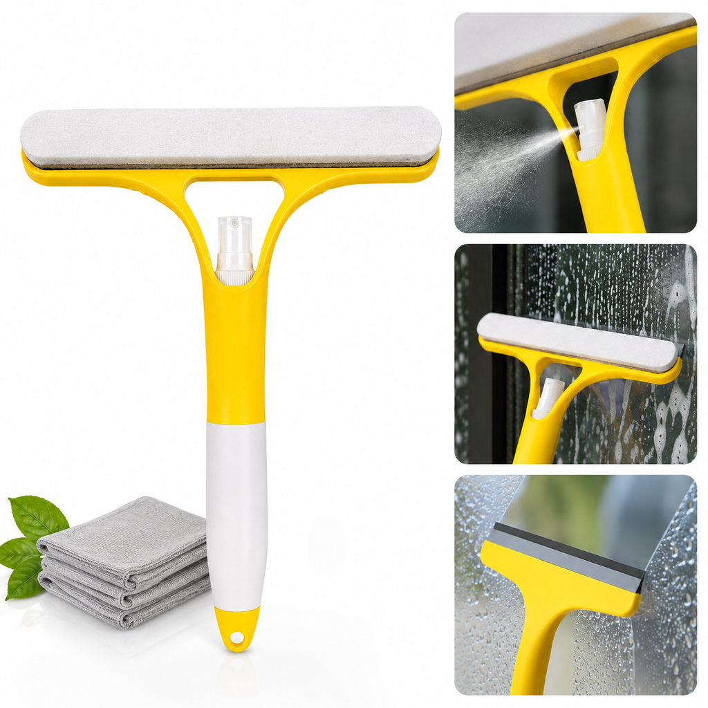 3 in 1 Window Glass Cleaner Spray Wiper – Microfiber Scrubber & Squeegee