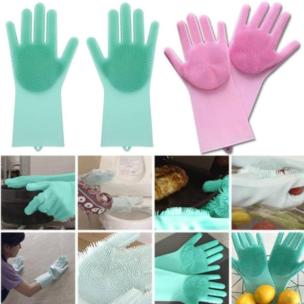 Magic Dishwashing Gloves with Scrubber – Reusable Silicone Cleaning Gloves