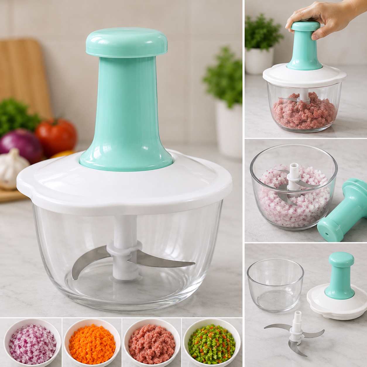 Manual Push Food Chopper | Hand Press Vegetable, Fruit & Meat Chopper