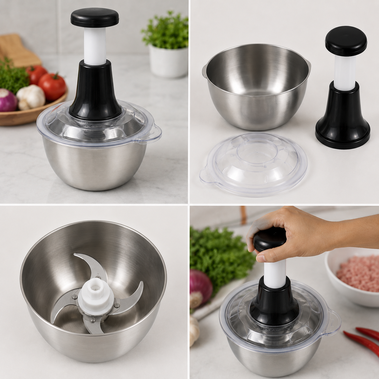Manual Push Food Chopper – Stainless Steel Vegetable & Meat Chopper