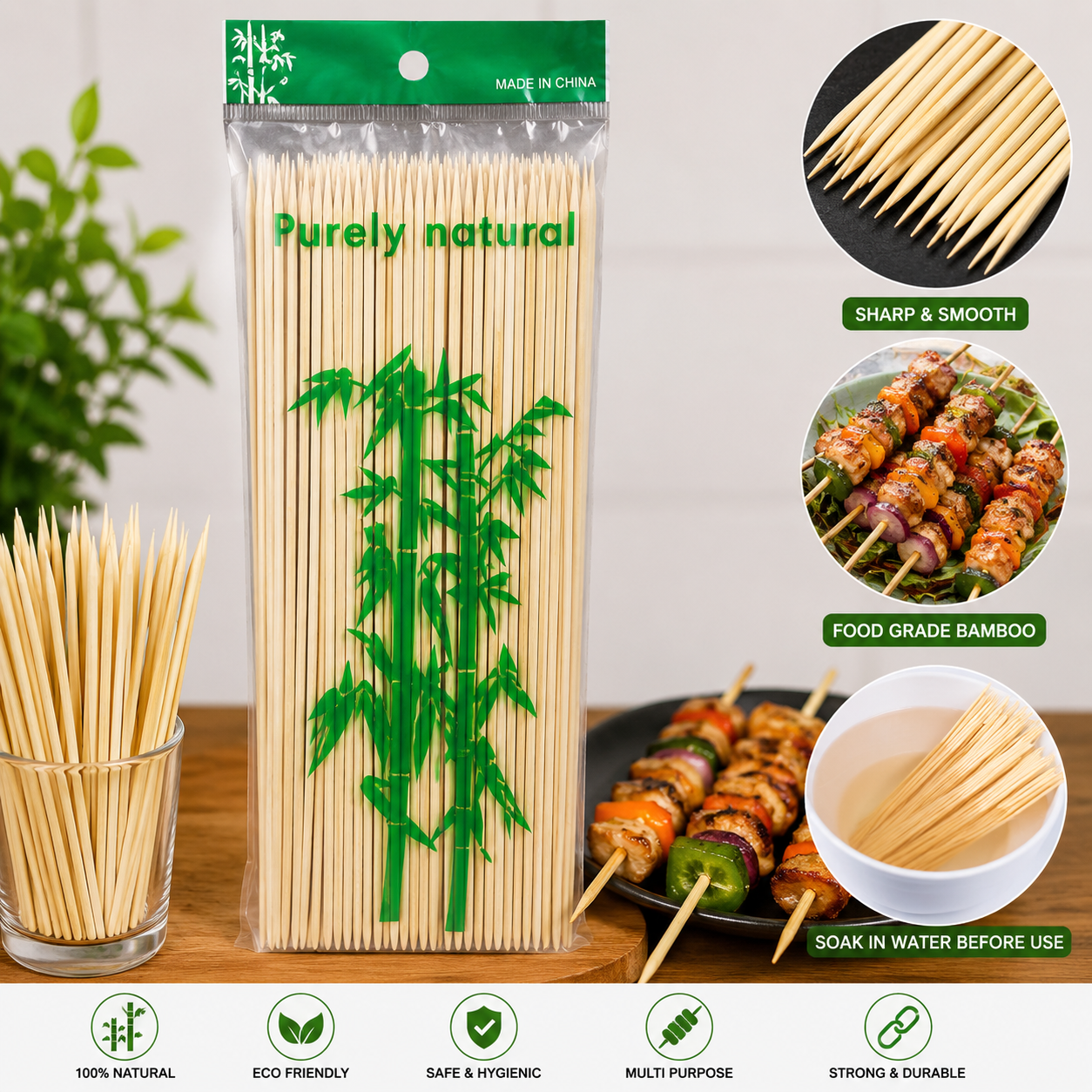 Premium Bamboo Skewers for BBQ, Kababs, Grilling & Party Snacks