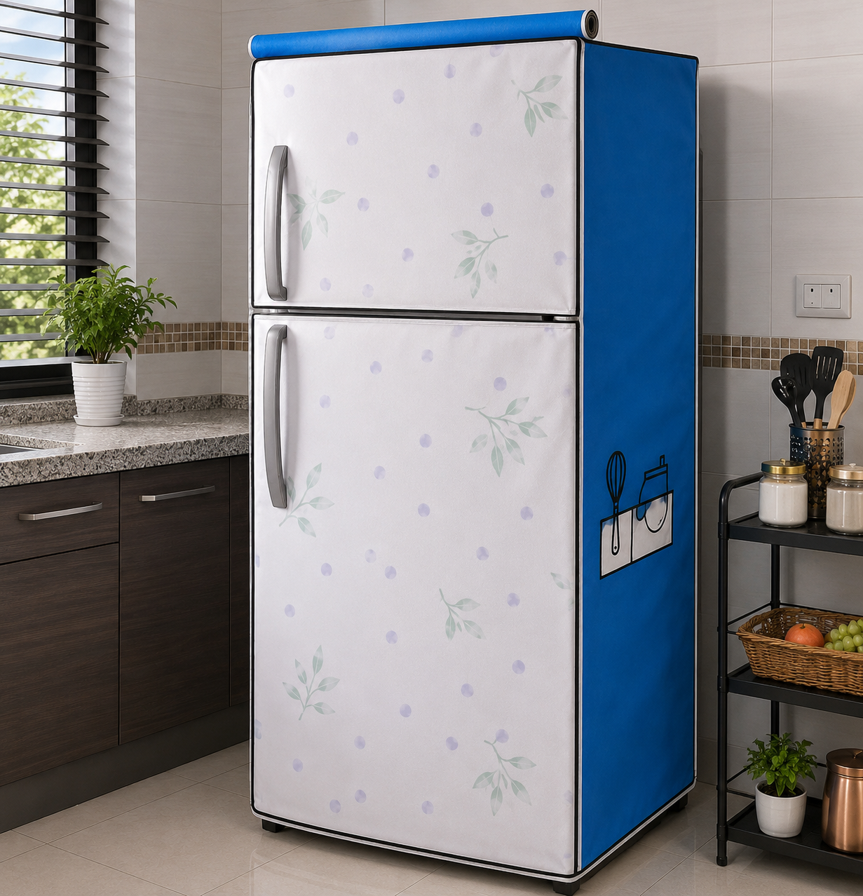 Refrigerator Dust Cover with Side Storage Pockets